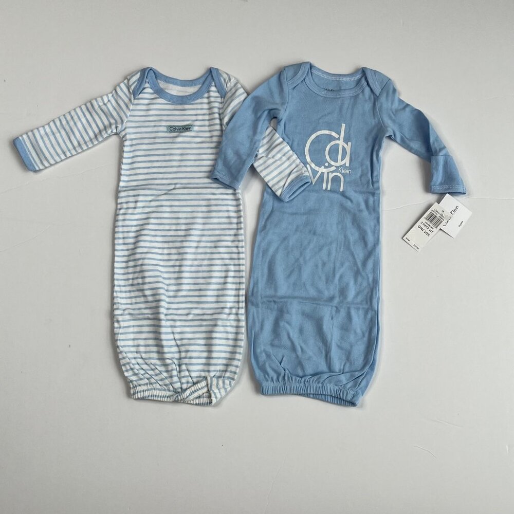 Calvin Klein Baby Gown Set Newborn One Size 2-Piece Layette Blue & Striped Cotto